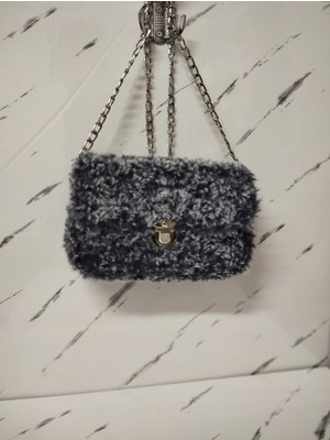 Vela Peluş Kanvas El Örmesi Gri Zincir Askılı Omuz Çantası