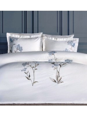 Dantela Lavinya Nakışlı Pamuk Saten Çift Kişilik Nevresim Takımı (4 Yastık Kılıflı)-Mavi