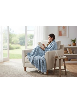 Czy Life Organik %100 Pamuklu Pike | Yazlık & Kışlık | Destina Çift Kişilik | Koltuk & Yatak Örtüsü | Mavi & Beyaz | 200x220