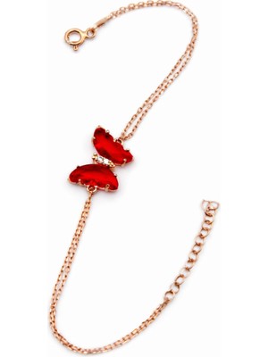 Çekirdek Jewelry 925 Ayar Gümüş Rose Gold Kaplama Kırmızı Kelebek Detaylı Şık Bile