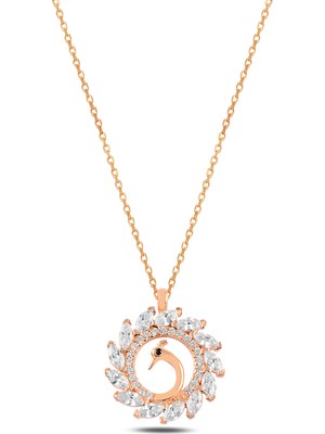 Çekirdek Jewelry Kadın Rose Gold Kolye Tavus Kuşu Figürlü Taşlı Şık Kolye Modeli 9
