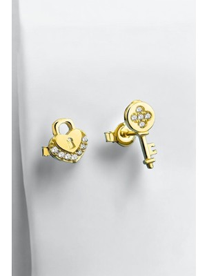 Normadia Zirkon Taşlı Gold Renkli Kalp Kilit Gümüş 925 Ayar Küpe