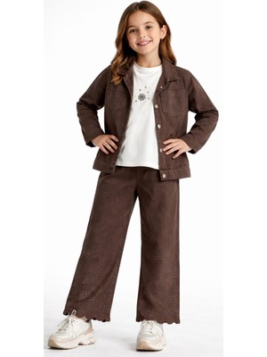 İrem Çocuk Giyim Kız Çocuk Taş ve Nakış Detaylı Gabardin Kumaş Ceket Pantolon Sweatshirt Kahverengi Renk Üçlü Takım