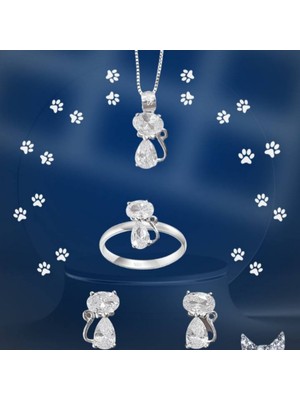 Lunel Silver 925 Ayar Gümüş Taşlı Kedili Takı Seti (Yüzük, Küpe, Kolye Ucu)