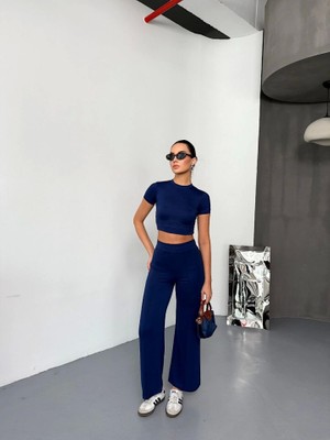 Serac Collection Osy Modal Yumuşak Dokulu Kumaş Kısa Kollu Crop Alt Ispanyol Paça Pantalon Ikili Takım - Lacivert