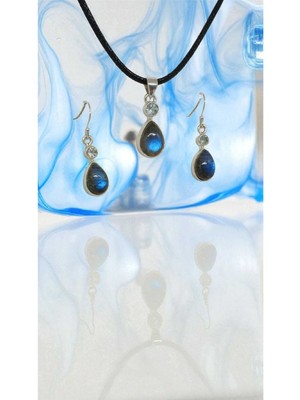 Lunel Silver El Işçiliği 925 Ayar Gümüş Labradorit Taşlı Kolye Ucu ve Küpe Seti