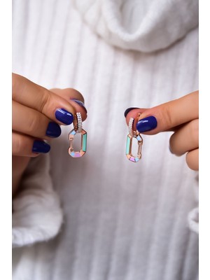 Normadia 925 Ayar Gümüş Rose Kaplama Mineli Dikdörtgen Taşlı Küpe