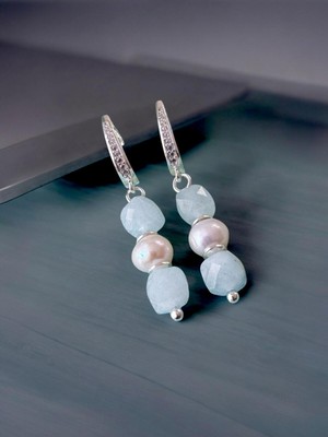 Normadia 925 Ayar Gümüş Akuamarin ve Inci Kadın Küpe