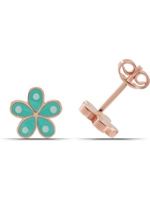 Normadia Su Yeşili Mineli Çiçek Tasarımlı 925 Ayar Gümüş Çocuk Küpe