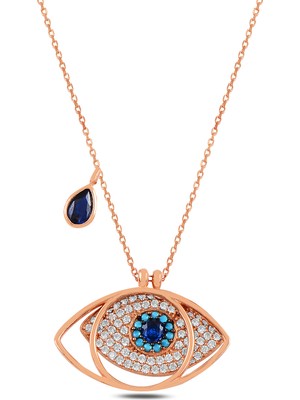 Çekirdek Jewelry 925 Ayar Gümüş Rose Altın Kaplama Mavi Taşlı Nazar Göz Kadın Koly