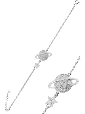 Çekirdek Jewelry 925 Ayar Gümüş Satürn Gezegen Figürlü Zirkon Taşlı Kadın Bileklik