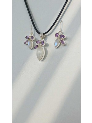 Lunel Silver Ay Taşı ve Ametist Taşlı 925 Ayar Gümüş El Işçiliği Kolye Ucu ve Küpe Seti