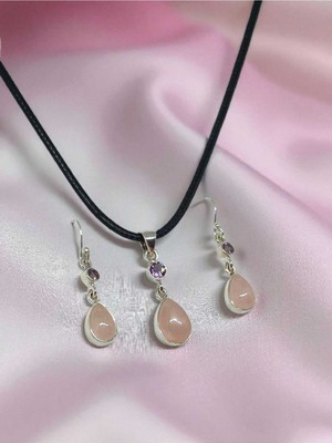 Lunel Silver Doğal Pembe Kuvars Taşlı 925 Ayar Gümüş Kolye Ucu ve Küpe Seti