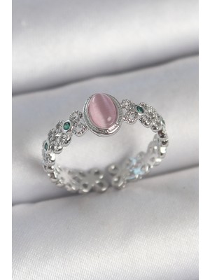 İlkyaz Fashion Pirinç Gümüş Renk Zirkon Taş Detaylı Pembe Mineli Damla Model Ayarlanabilir Kadın Yüzük Ilk
