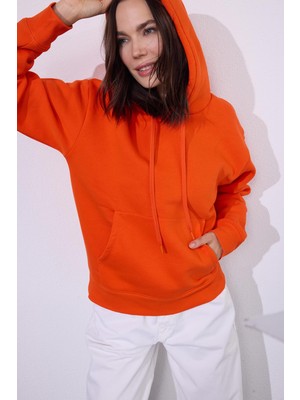 Tudors Kadın Oversize Geniş Kesim Pamuklu Yumuşak Dokulu Içi Polarlı Basic Turuncu Kapüşonlu Sweatshirt