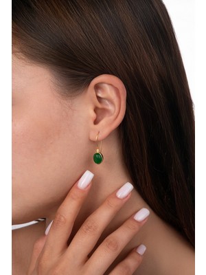 Normadia Doğal Yeşim Taşlı 925 Ayar Gümüş Tel Sallantılı Küpe Altın Kaplama