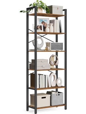 Hepta Collection Kitaplık, 6 Katlı Raf, Çelik Çerçeveli Yüksek Rustik Raf, Oturma Odası, Ofis, Çalışma Odası, Koridor