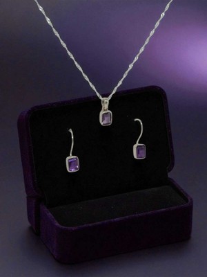 Lunel Silver Baget Kesim Ametist Taşlı El Işçiliği 925 Ayar Gümüş Kolye Ucu ve Küpe Seti