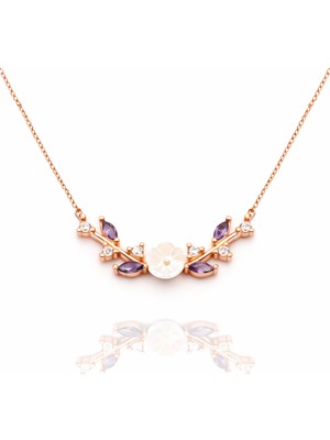 Çekirdek Jewelry İnci Görünümlü Çiçek Tasarımlı Rose Altın Mor Taşlı Kolye 925 Aya