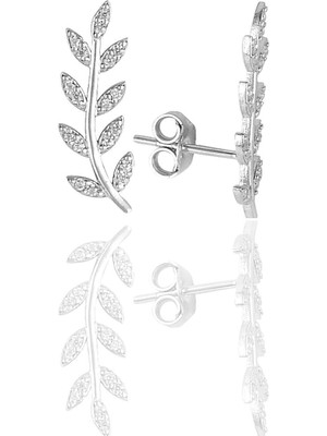 Normadia Parlak Gümüş Rodyumlu Zirkon Taşlı Yaprak Tasarımlı Küpe