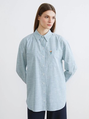 LC Waikiki Yeşil Çizgili Oversize Poplin Kadın Gömlek Tunik  (S6)