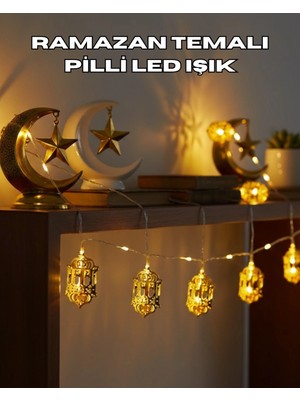 Marsilyan Ramazan Dekoru İçin Pilli Led Işık Altın Fener Tasarımlı