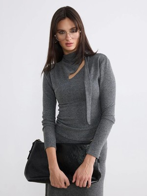 LC Waikiki Antrasit Bağlamalı Yaka Kadın Triko Kazak  (S6)