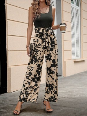 Stelol Kadın Askılı Yuvarlak Yaka Beli Kuşaklı Üst Viskon Alt Dalgıç Tulum