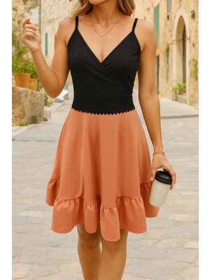 Stelol Kadın Ip Askılı Kruvaze Yaka Bel Dantel Ithal Krep Elbise