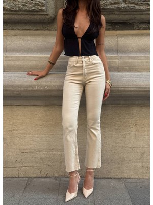 Madame Melek Zr Model Paçası Kesik Palazzo Kot Pantolon Geniş Paça Kot Pantolon