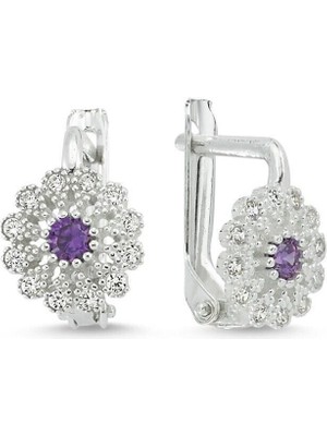 Normadia Gümüş 925 Ayar Çiçek Tasarımlı Ametist Taşlı Çocuk Küpe