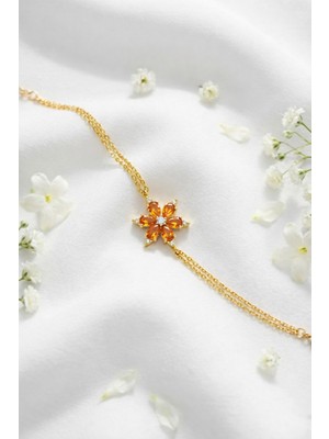 Çekirdek Jewelry 925 Ayar Gümüş Turuncu Taşlı Lotus Bileklik