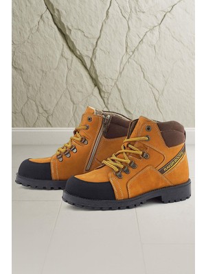 Rakerplus Hakiki Deri Sarı Kahve Bağcıklı Fermuarlı Çocuk Bot