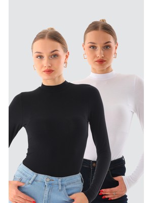 Penye Bizden Kadın Viskon Boğazlı Kopçalı Zıbın Body 2'li Set Siyah-Beyaz