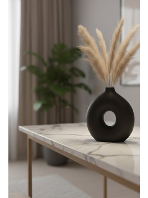 Safir Design Siyah Donut Vazo - Pampas Hediyeli- Iskandinav Tarzı Halka Dekoratif Vazo - El Yapımı Vazo