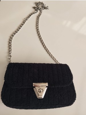 Vela Peluş Kanvas El Örmesi Siyah Zincir Askılı Omuz Çantası
