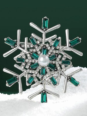 Josellini Zümrüt Yeşili Zirkon Taşlı Kar Tanesi Broşu Inci Detaylı Kadın Yaka Iğnesi