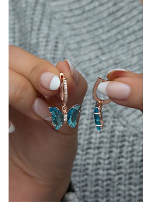 Normadia Mavi Taşlı 925 Ayar Gümüş Sallantılı Kelebek Küpe