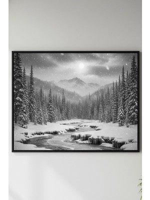 Safir Design Lüks Siyah ve Beyaz Kış Manzarası Duvar Sanatı | Modern Çerçeveli Tablo