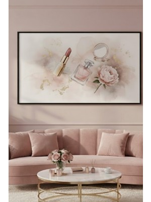 Safir Design Lüks Pembe ve Gold Parfüm ve Şakayık Modern Siyah Ahşap Çerçeveli Tablo