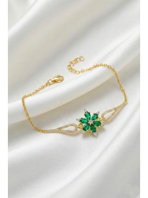 Çekirdek Jewelry 925 Ayar Gümüş Altın Kaplama Yeşil Taşlı Çiçek Model Zirkon Taşlı