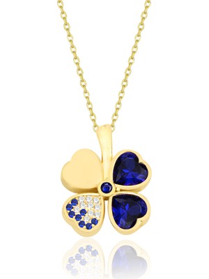 Çekirdek Jewelry 925 Ayar Gümüş Kalplı Taşlı Ters Yonca Kolye