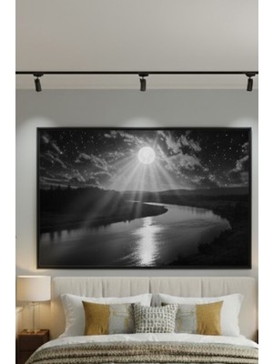 Safir Design Lüks Siyah ve Beyaz Ay Işığı Dolunay Duvar Sanatı | Modern Çerçeveli Tablo