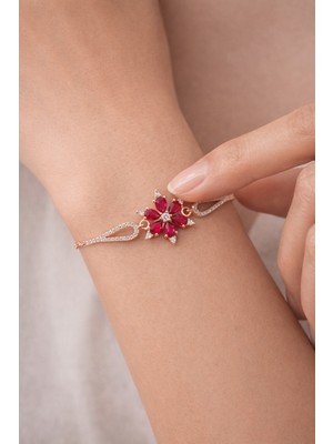 Çekirdek Jewelry 925 Ayar Gümüş Kırmızı Taşlı Kamelya Bileklik