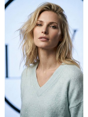 Lwl Kadın Su Yeşili Işıltılı V Yaka Crop Rahat Kesim Yumuşak Dokulu Örme Triko Kazak