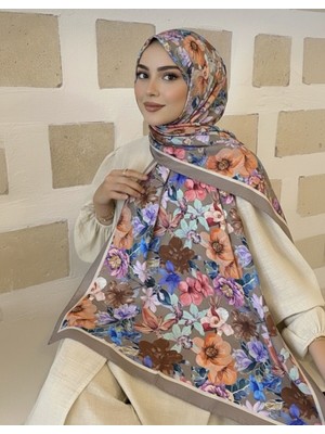 Moodşal Vizon Zeminli Çok Renkli Çiçek Desenli Şal