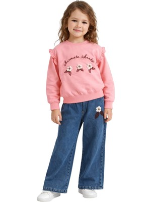İrem Çocuk Giyim Kız Çocuk Omuzları Fırfırlı Önü Çiçek Detaylı Pantolon Sweatshirt Takımı