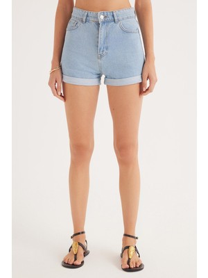 Tudors Kadın Slim Fit Dar Kesim %100 Pamuk paça Katlamalı Koyu Mavi Jean Kot Şort