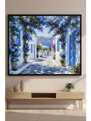 Safir Design Lüks Mavi ve Beyaz Begonvilli Ege Sokağı Modern Çerçeveli Tablo