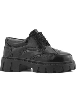 Rakerplus Hakiki Deri Siyah Kırışık Rugan Oxford Çocuk Günlük Ayakkabı